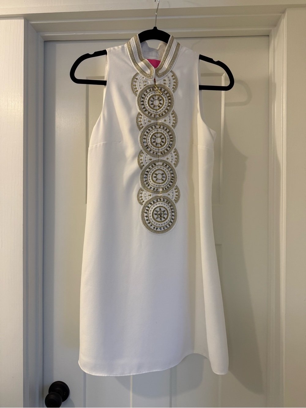 Lilly Pulitzer White Mini Dress with Gold Embellished Medallion Front